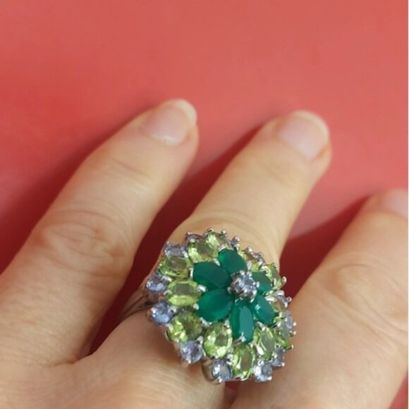 Natural Aventurine 6x4mm, Peridot, Tanzanite 925 Sterling Silver Ring Size 6.75 - Picture 3 of 11